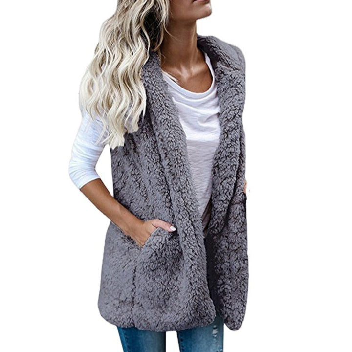 Women nan fluffy teddy vest with shawl collar and welt pockets Mune Fashion
