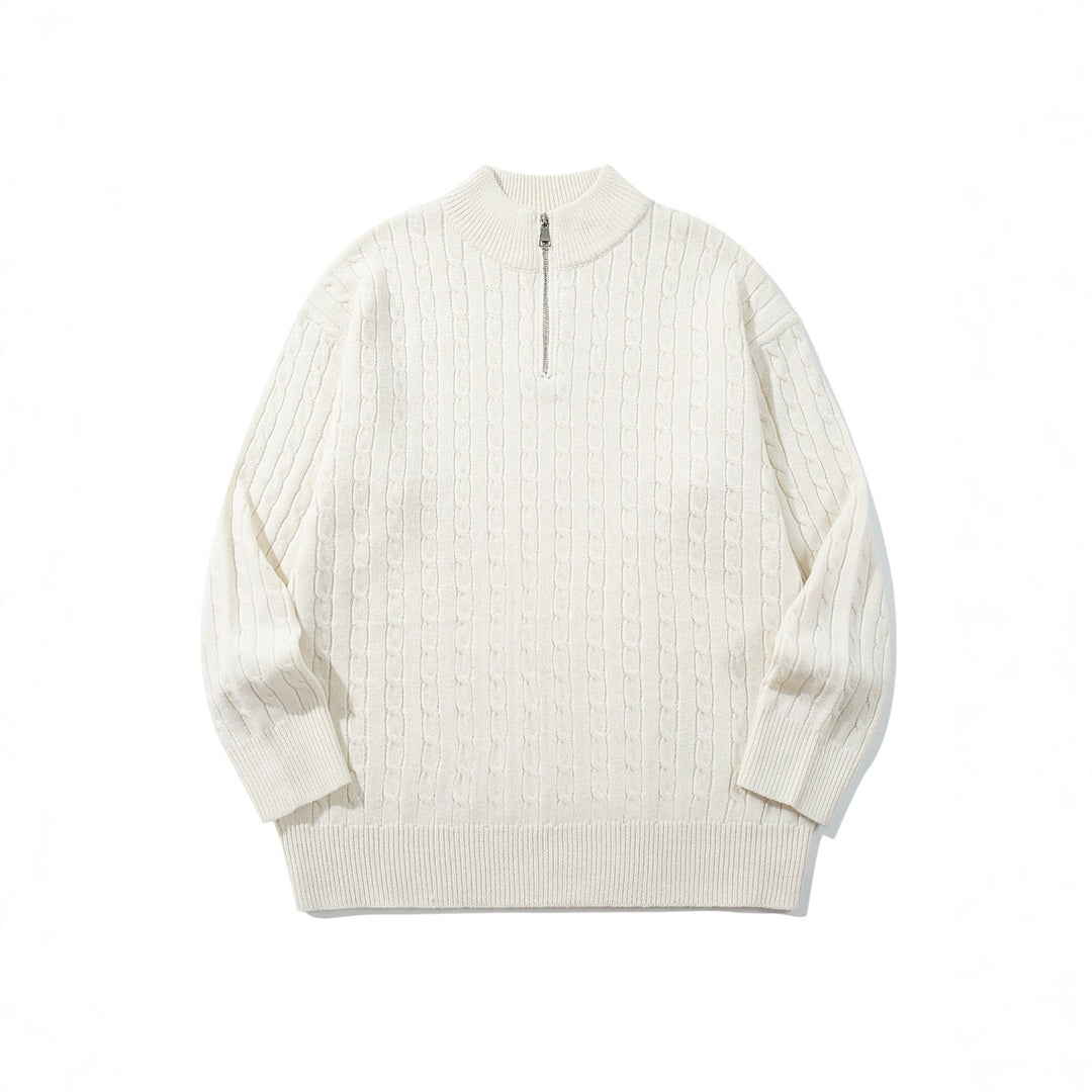 Unisex Cable Pattern Half-Zip Knit Sweater with High Ribbed Collar and Longer Hem Down