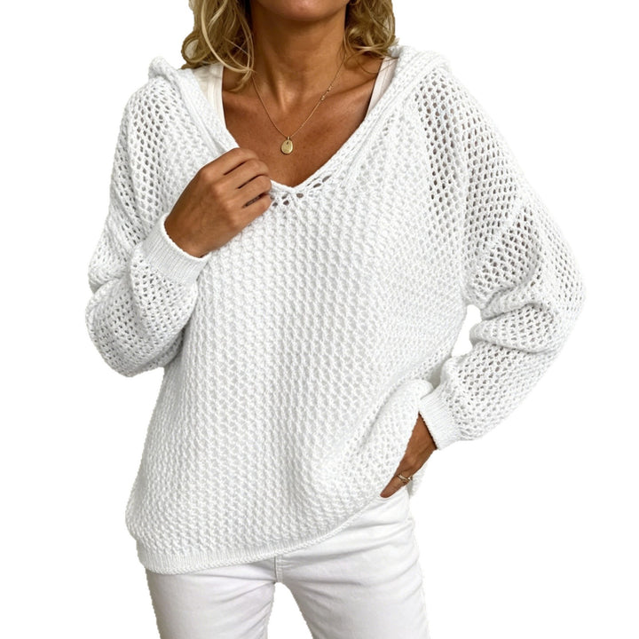 Women's Chunky Knit V-Neck Sweater with Hood and Lace Pattern Mune Fashion