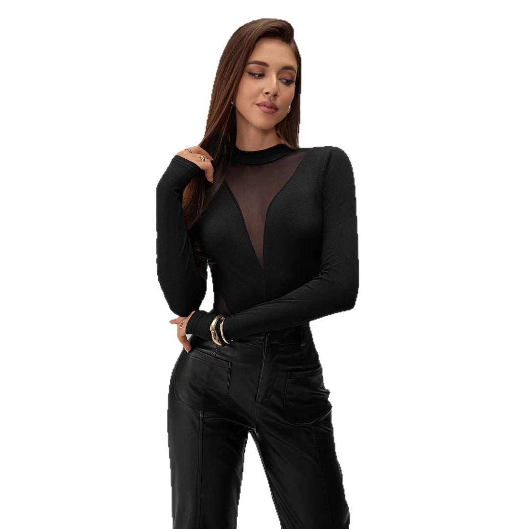 Women's form-fitting long-sleeve bodysuit with transparent mesh inserts, stand-up collar, and high leg cut Mune Fashion