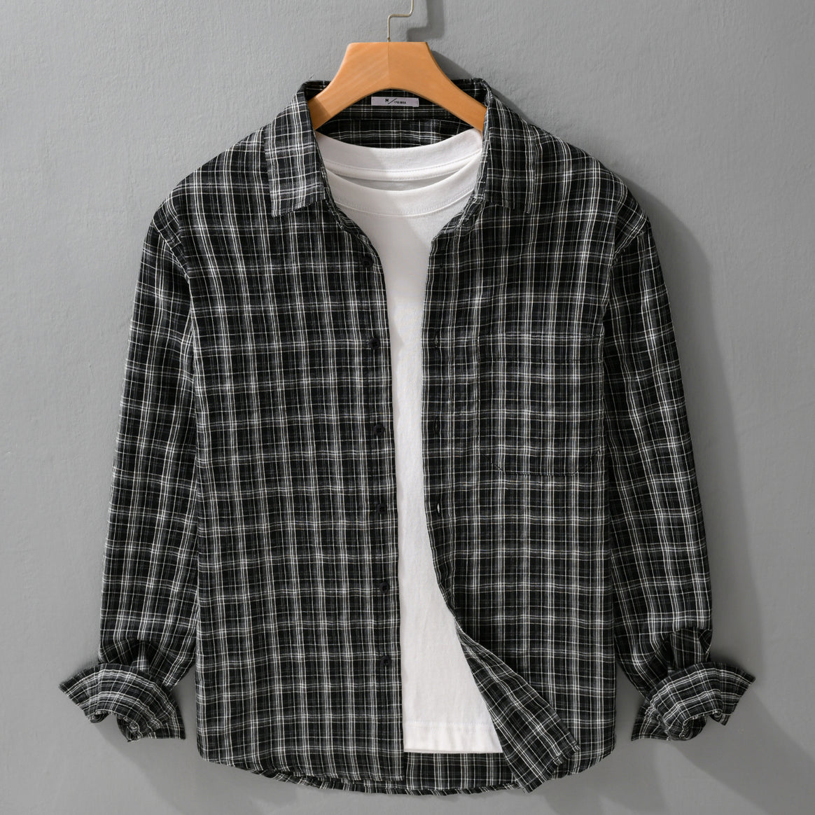 Men Brushed Check Layering Shirt made of Cotton Flannel with Patch Chest Pocket and Rounded Hem Mune Fashion