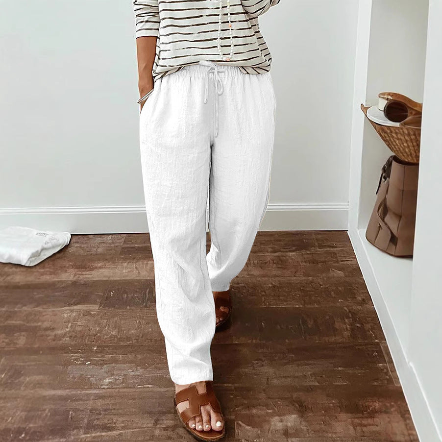 Women's lightweight linen look pants with elastic drawstring, front pockets and wide leg Mune Fashion
