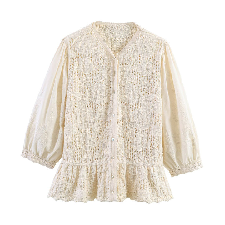 Women's Knitted Button Placket Blouse with Ruffled Waist and Embroidered Balloon Sleeves Mune Fashion