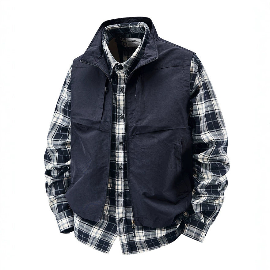 Men's Multifunctional Canvas Vest with Front and Chest Pockets and Adjustable Hem Mune Fashion
