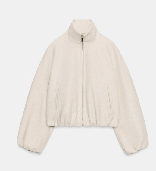 Women's Cropped Fleece Bomber Jacket with Stand-up Collar, Balloon Sleeves and Elastic Hem Mune Fashion