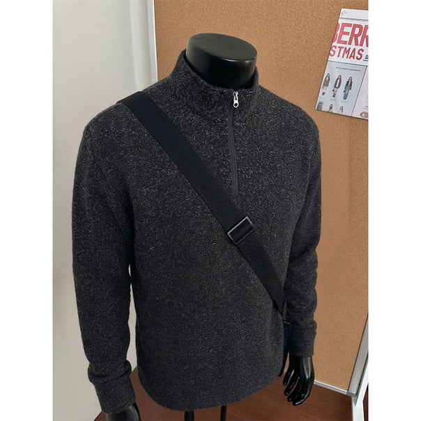Men's Half-Zip Knit Sweater with Stand Collar and Melange Structure Mune Fashion