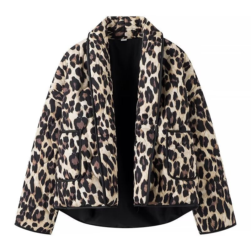 Women's Lined Short Jacket in Leopard Print with Shawl Collar and Piping Mune Fashion
