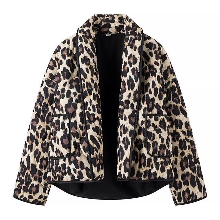 Women's Lined Short Jacket in Leopard Print with Shawl Collar and Piping Mune Fashion