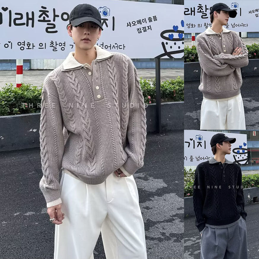 Men's chunky knit pullover with stand-up collar and button placket Mune Fashion
