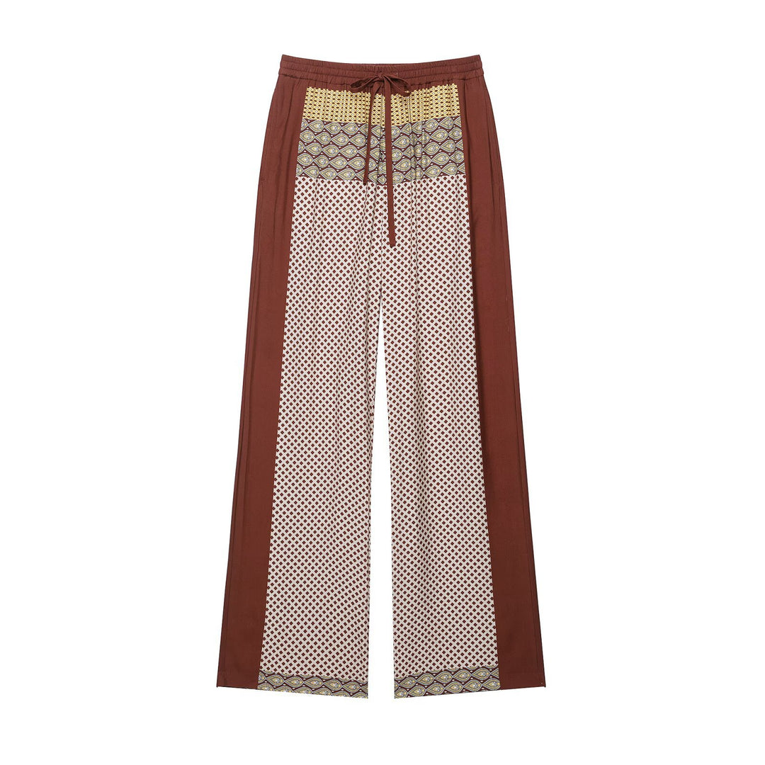 Women's Wide Palazzo Pants with Print Inserts, Drawstring Waistband and Side Piping Drune