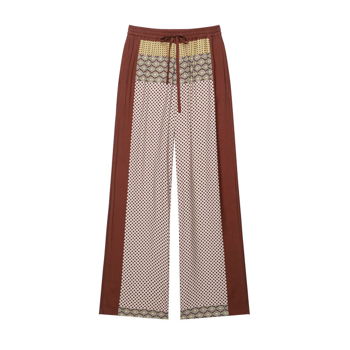 Women's Wide Palazzo Pants with Print Inserts, Drawstring Waistband and Side Piping Drune
