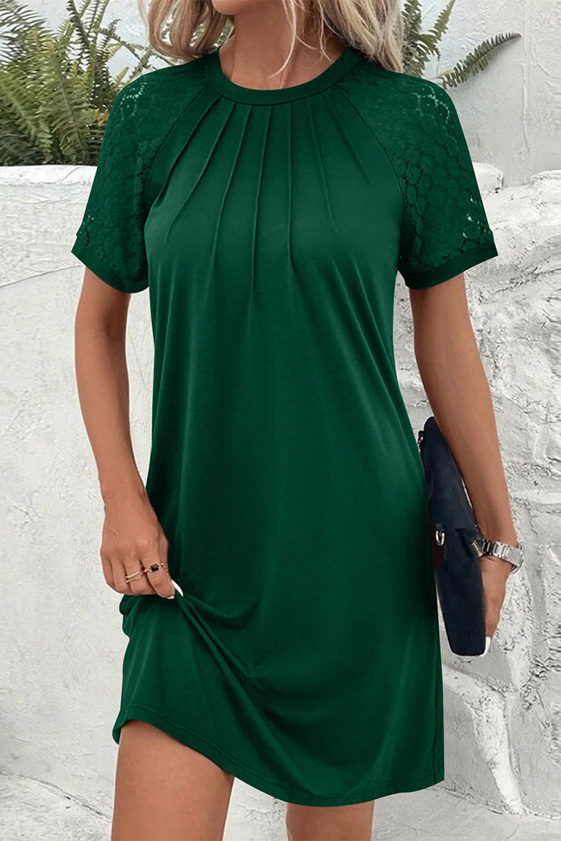 Women Short Sleeve Casual Dress with Pleated Top and Lace Inserts Mune Fashion