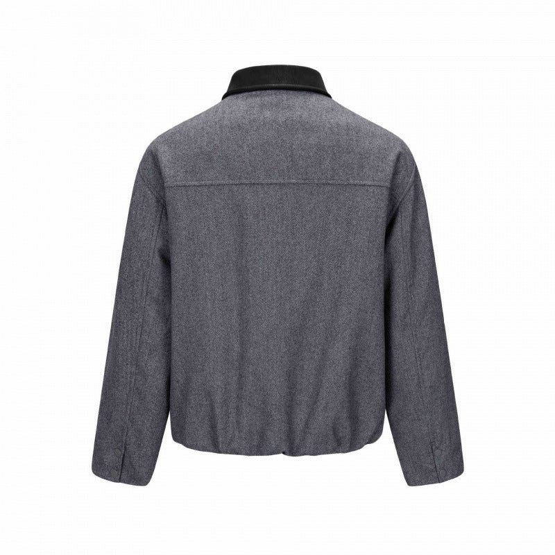 Men's short jacket in herringbone wool blend with leather collar and concealed closure Mune Fashion