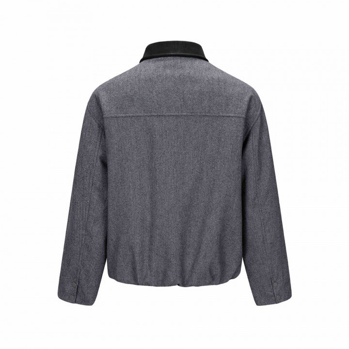 Men's short jacket in herringbone wool blend with leather collar and concealed closure Mune Fashion