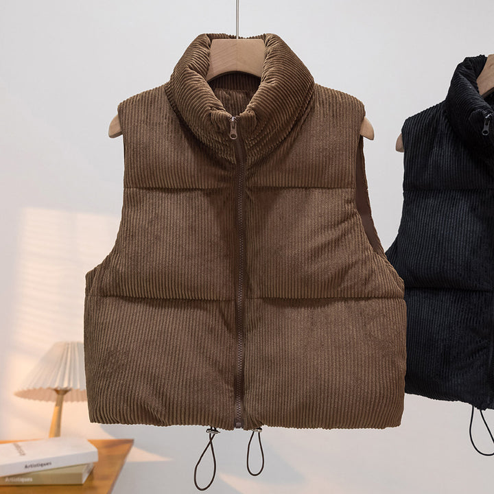 Women's padded cord quilted vest with stand-up collar and drawstring Mune Fashion