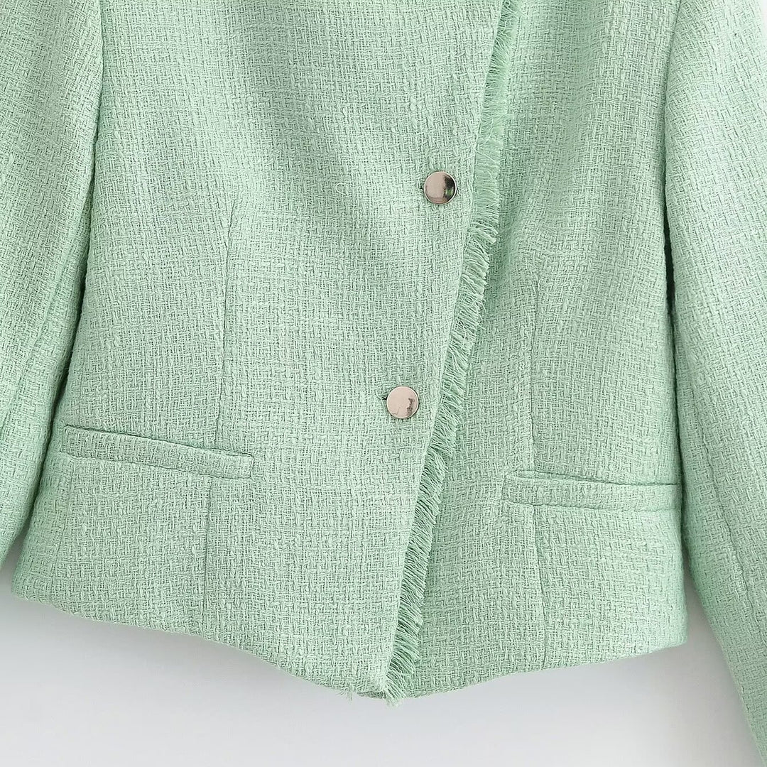 Ladies short blazer made of bouclé tweed with stand-up collar, fringe trim and tailored silhouette Mune Fashion
