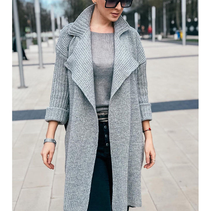 Women Long Open Knit Coat with Shawl Collar and Cuffed Sleeves Mune Fashion
