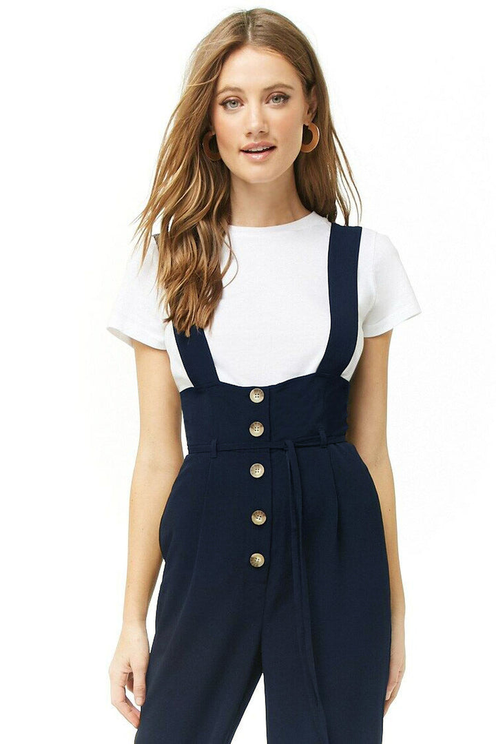 Women's High-Waist Overall Jumpsuit with Button Placket and Wide Straps Mune Fashion