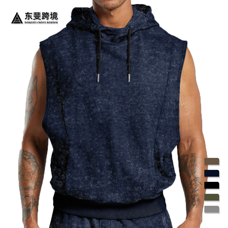 Men's sleeveless hoodie in stone-wash look with deep armholes and ribbed hem Mune Fashion