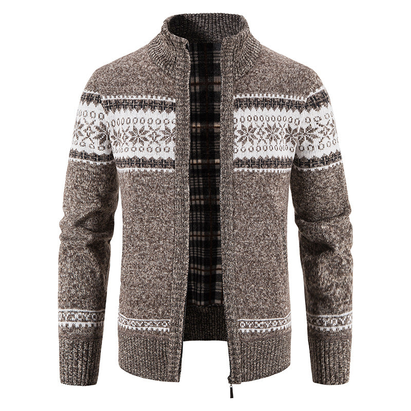 Men's chunky knitted Norwegian cardigan with full zip and checked fleece lining Mune Fashion
