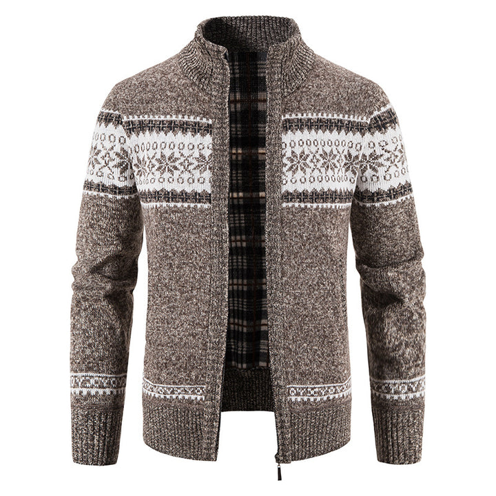 Men's chunky knitted Norwegian cardigan with full zip and checked fleece lining Mune Fashion