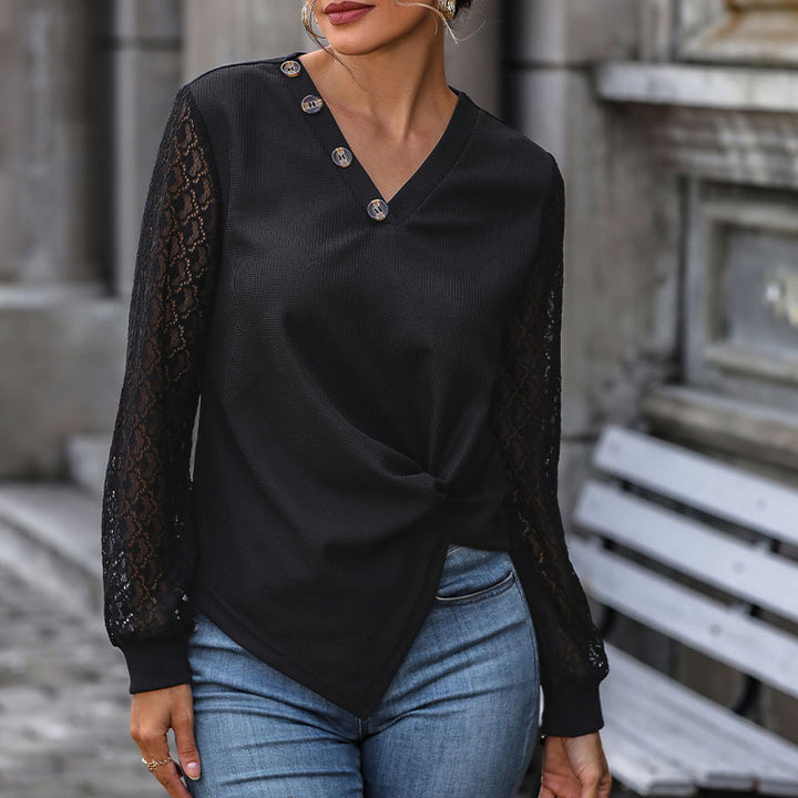 Women’s V-Neck Blouse Shirt with Lace Sleeves, Asymmetrical Button Placket and Knot Front Mune Fashion