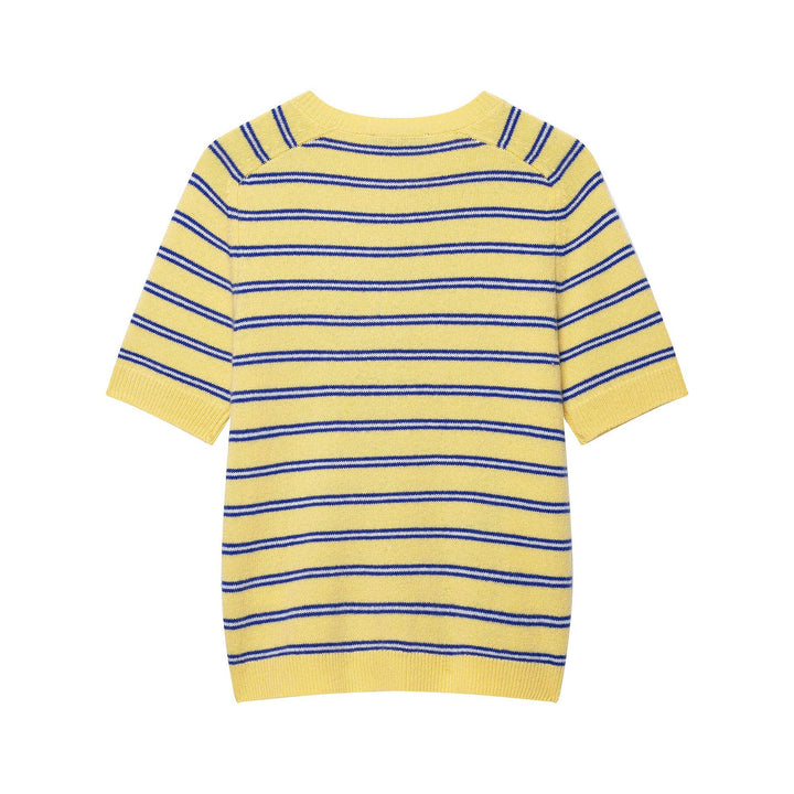 Women Striped Short Sleeve Fine Knit Shirt with Round Neck Mune Fashion
