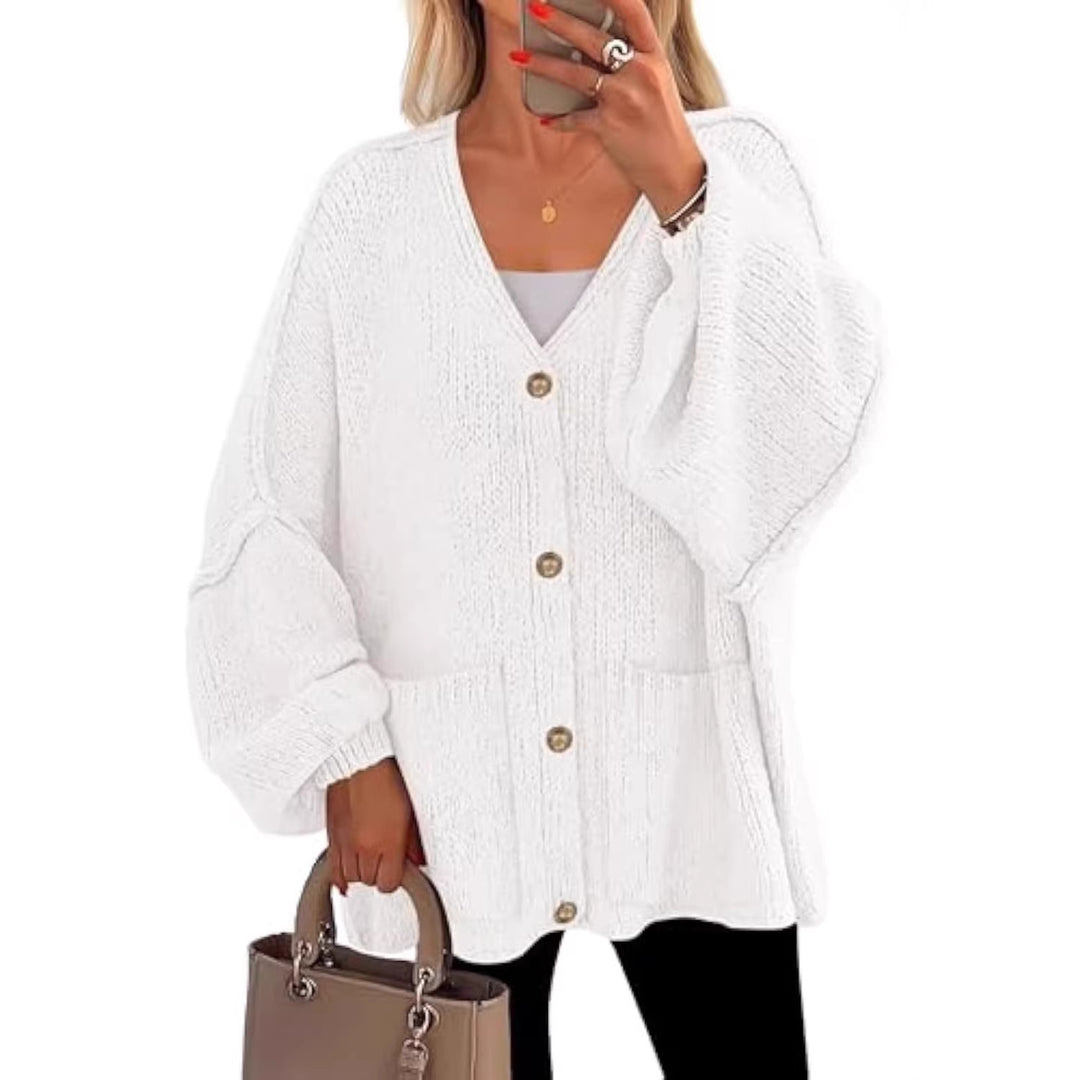 Women Oversized Knit Cardigan with V-Neck, Golden Decorative Buttons and Patch Pockets Drune