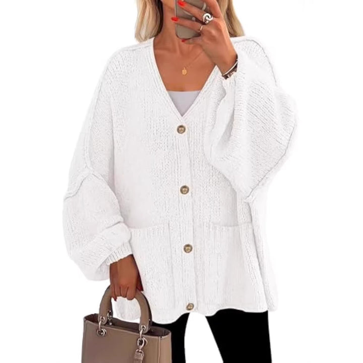 Women Oversized Knit Cardigan with V-Neck, Golden Decorative Buttons and Patch Pockets Drune