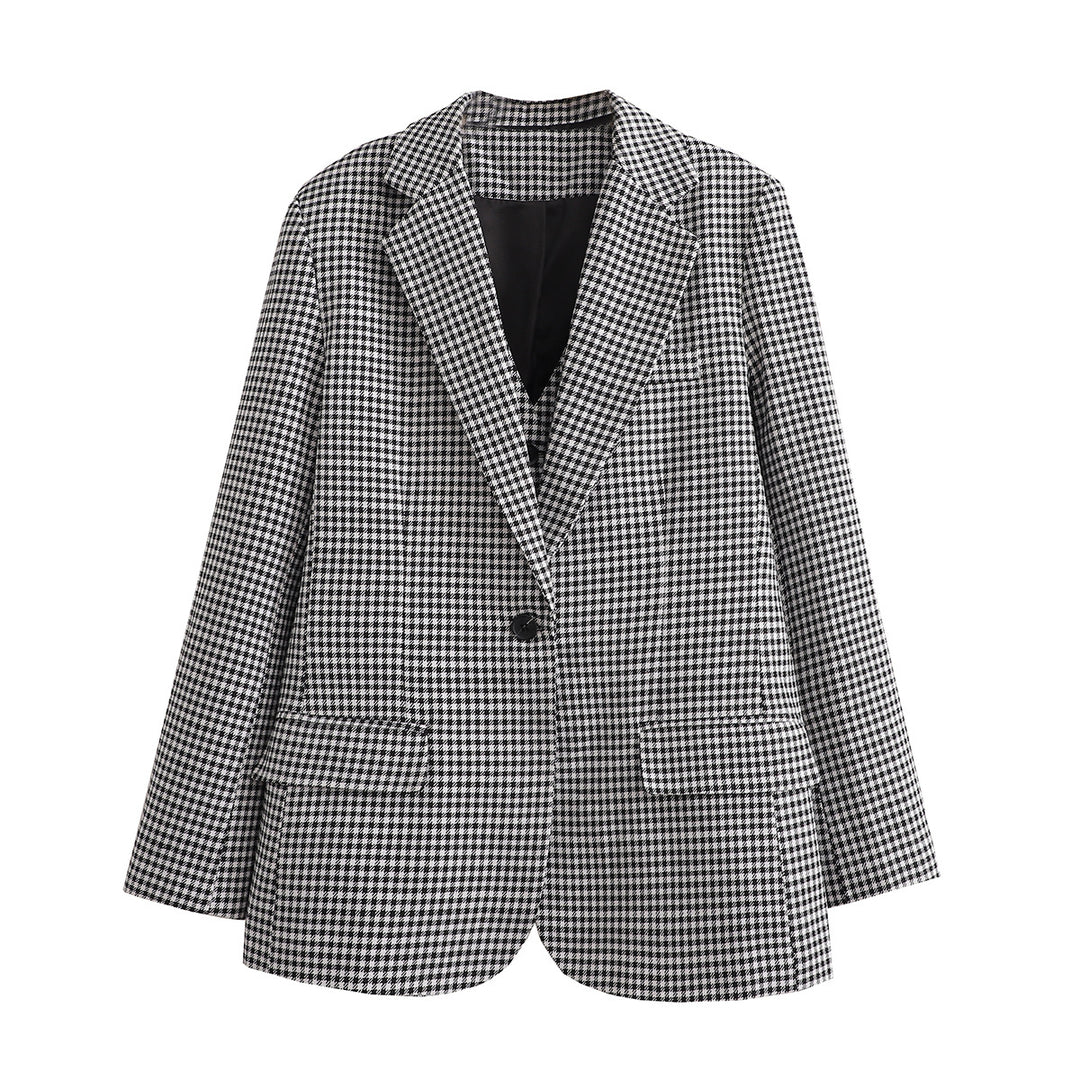 Women's Oversize Houndstooth Blazer with Single-Button Closure and Patch Pockets Mune Fashion