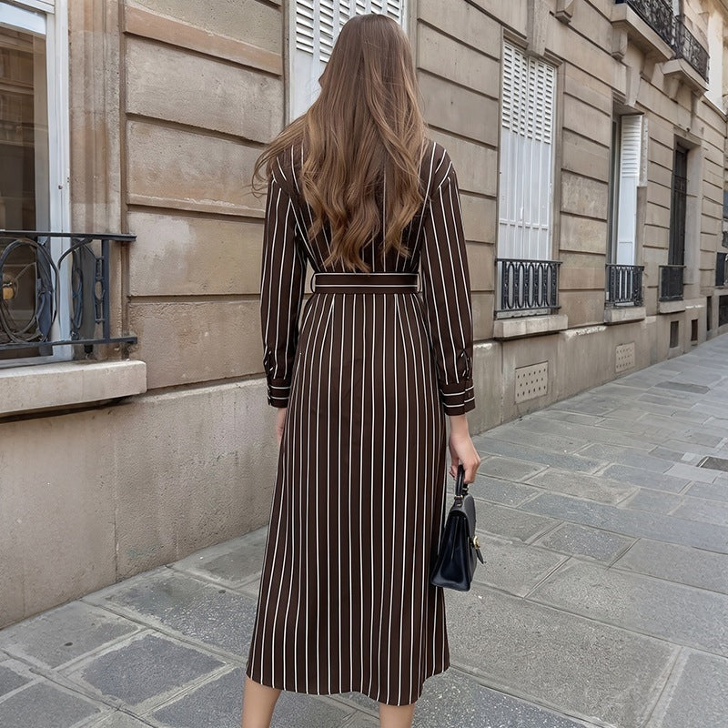 Women's Shirt Dress with Waist Belt and Vertical Pinstripe Mune Fashion