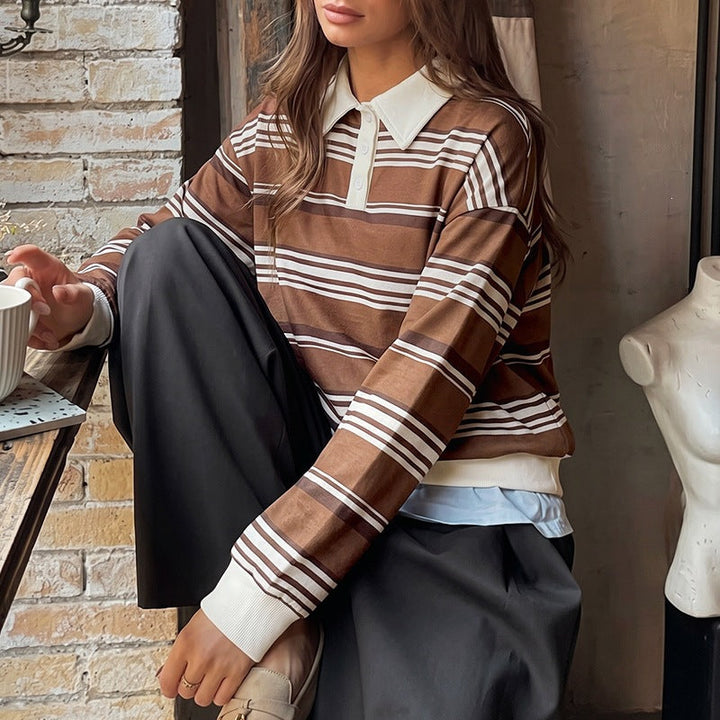Women Striped Rugby Sweater with Polo Collar and Oversized Fit Mune Fashion