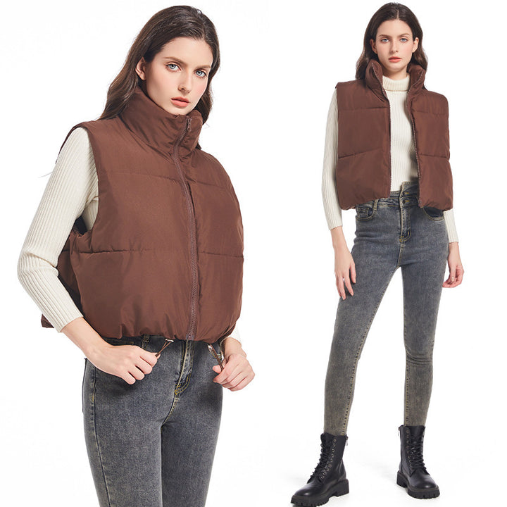 Women’s nan ultra-light short padded vest with high stand-up collar, two-way zipper and adjustable drawstring hem Mune Fashion