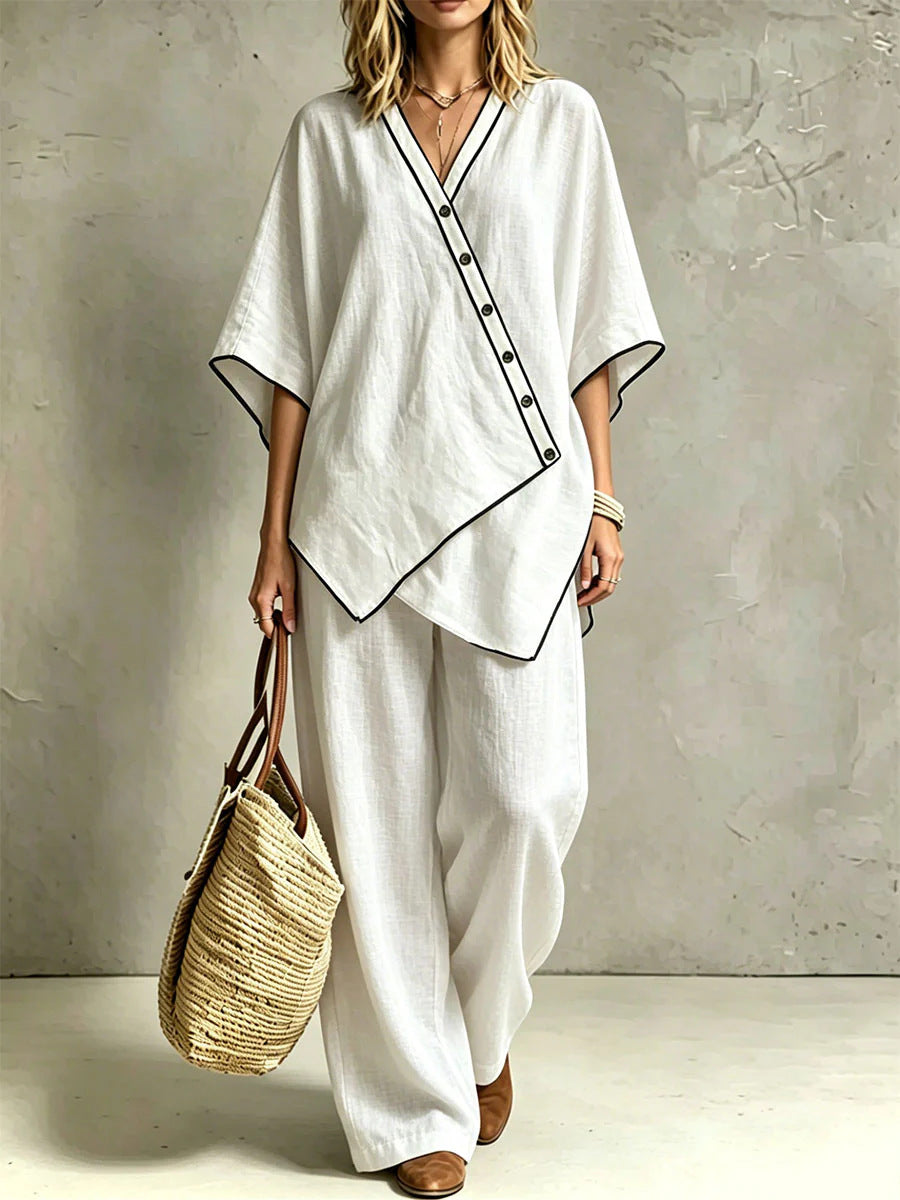 Women's Asymmetric Tunic Loungewear Set with Diagonal Button Placket and Wide Palazzo Pants Drune