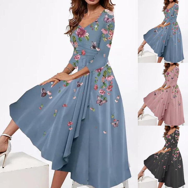Women's wrap midi dress with floral print, asymmetric tiered skirt and fitted tie belt Mune Fashion