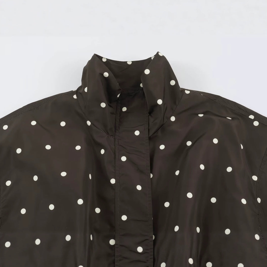 Women's Oversize Windbreaker with Dot Print, High Standing Collar and Elastic Hem Mune Fashion