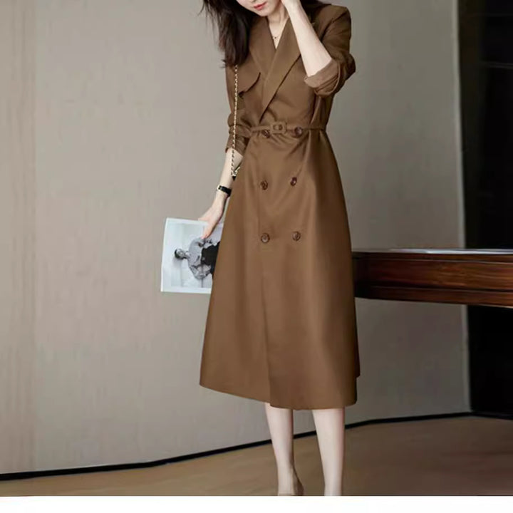 Women's Elegant Trench Coat with Double Button Placket and Waist Belt Mune Fashion