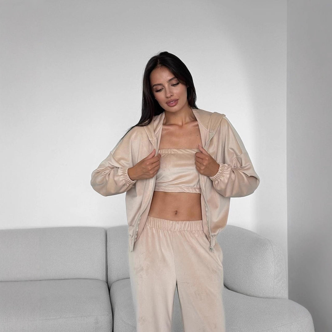 Women Velvet Loungewear Set with Hoodie, Bandeau Top and Jogging Pants Mune Fashion