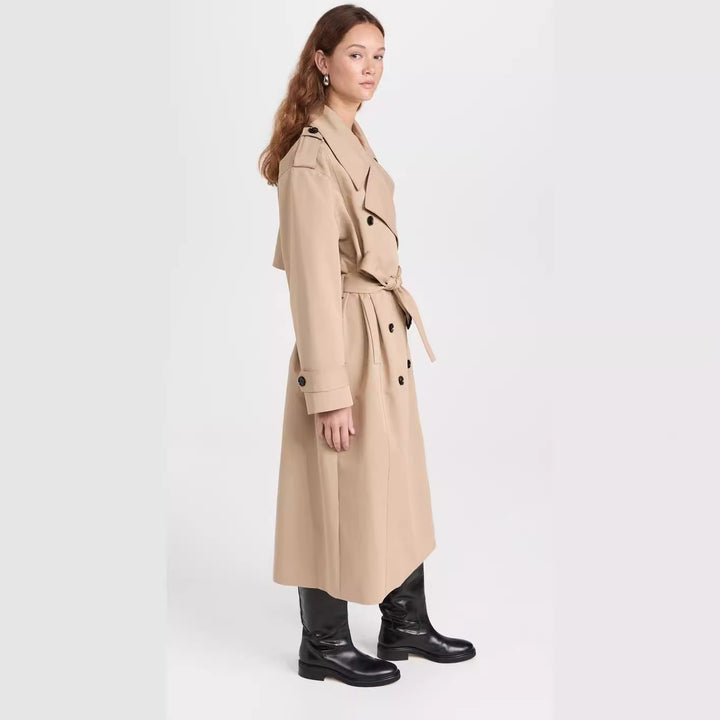Women's Long Trench Coat made of Cotton Blend with Double-Breasted Button Placket, Waist Belt and Shoulder Flaps Mune Fashion