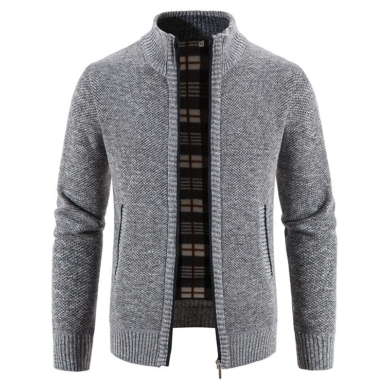 Men's knitted cardigan with full zip, stand-up collar and checkered lining Mune Fashion