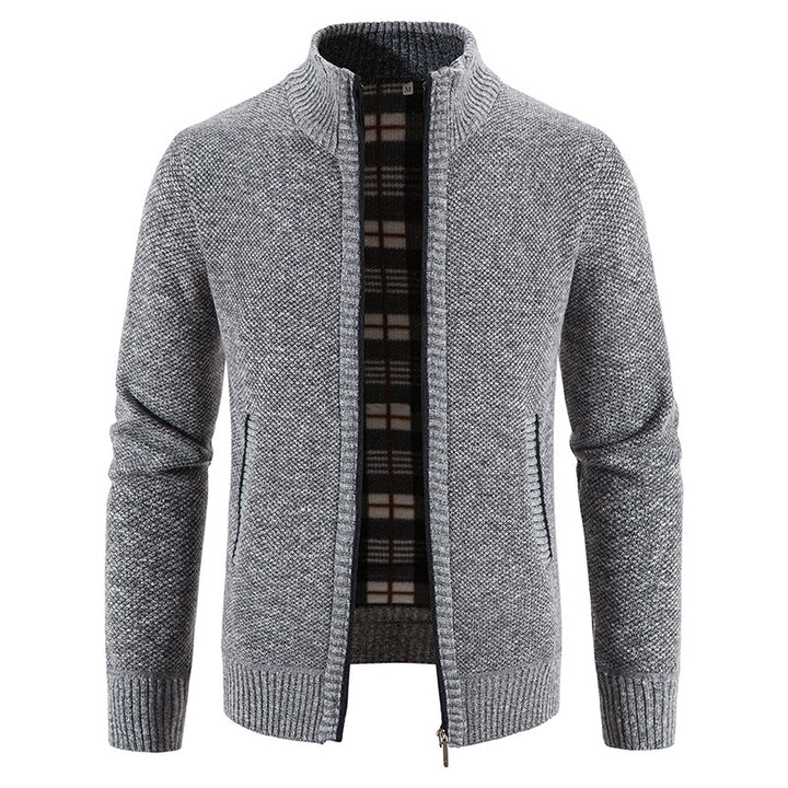 Men's knitted cardigan with full zip, stand-up collar and checkered lining Mune Fashion
