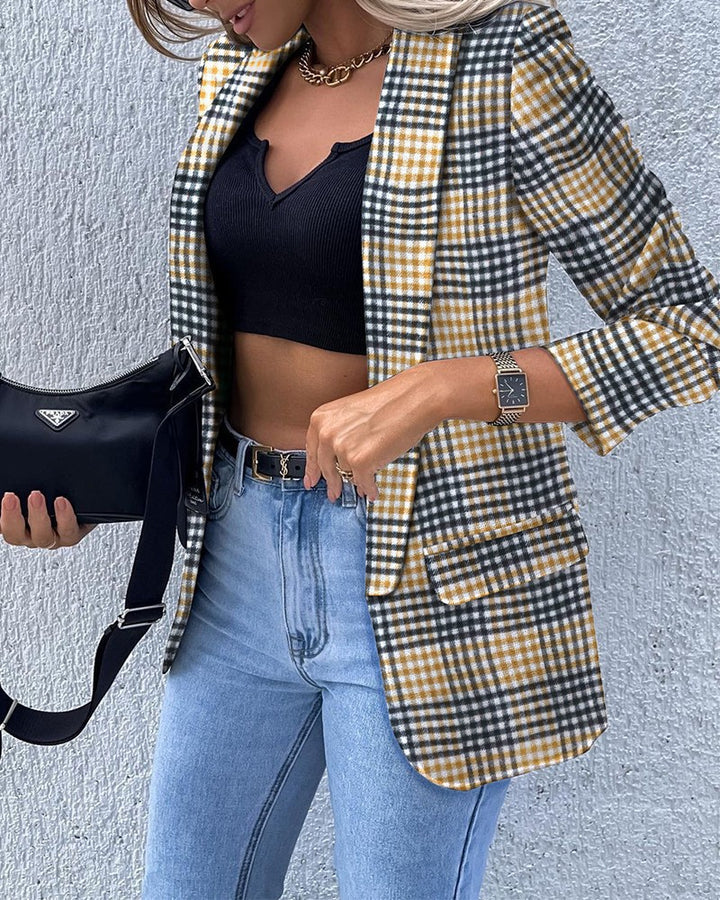 Women's patterned long blazer with chain pattern, tailored silhouette and flap pockets Mune Fashion