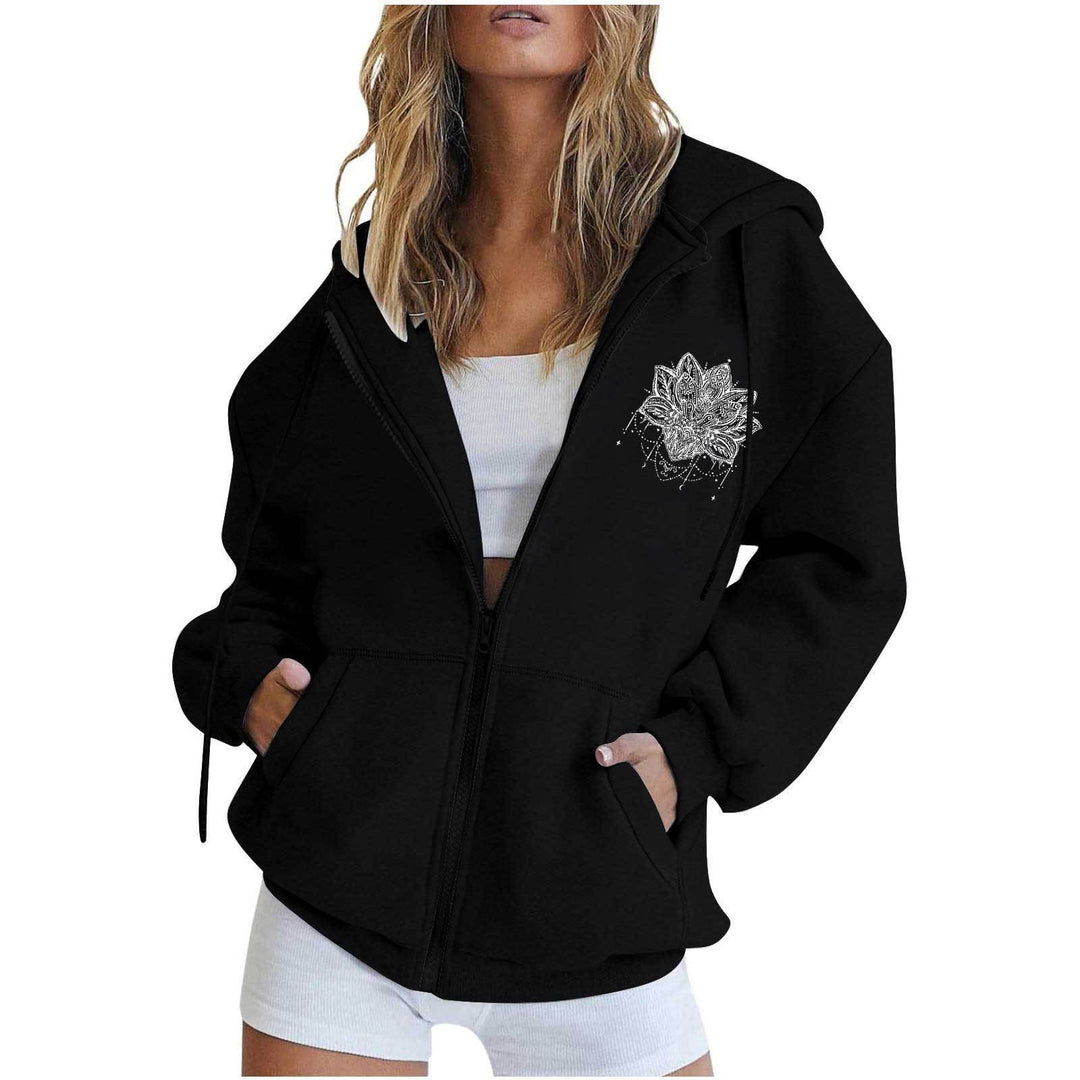 Women oversized hoodie jacket with front zipper, kangaroo pockets and stylized sunflower print Mune Fashion