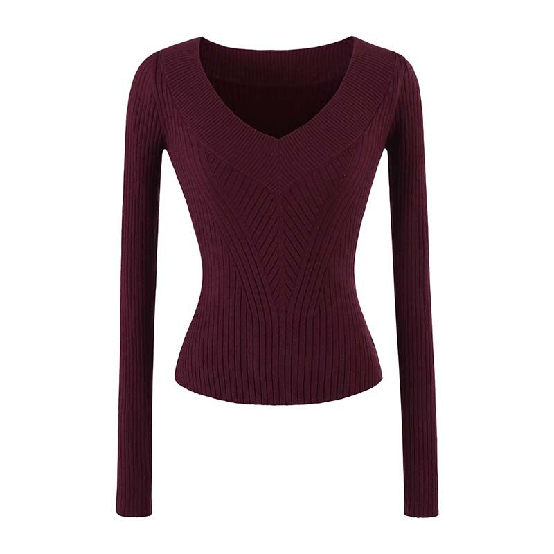 Women's Tailored Ribbed Knit Sweater with V-Neck and Shaping Structure Mune Fashion