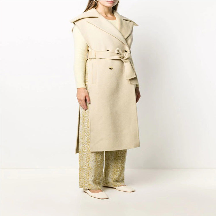 Women's sleeveless tailored wool blend gilet with wide shawl collar and belted tie Mune Fashion