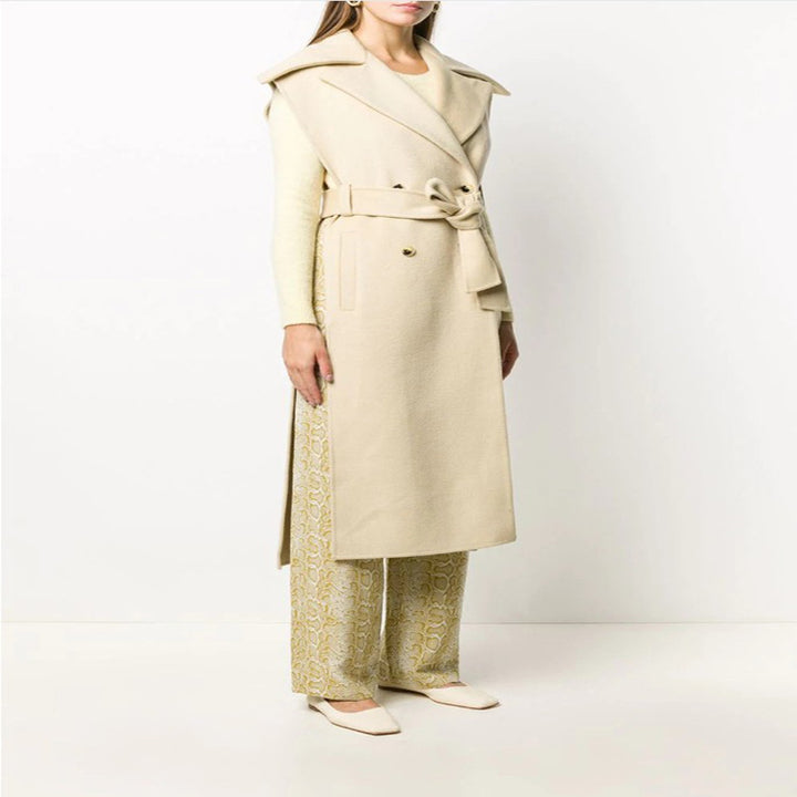 Women's sleeveless tailored wool blend gilet with wide shawl collar and belted tie Mune Fashion