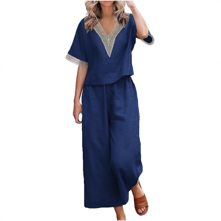 Ladies Fashionable Two-Piece Set with V-Neck and Decorative Accents Mune Fashion