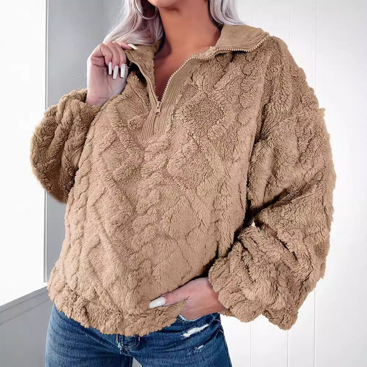 Women's plush Sherpa pullover with half zipper, stand-up collar, and oversized silhouette Mune Fashion
