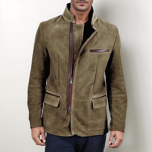 Men's elegant suede jacket with stand-up collar and concealed zipper Mune Fashion