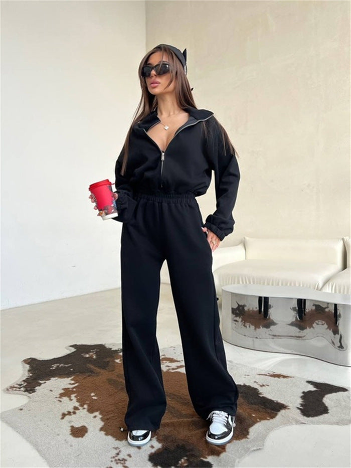 Women's Relaxed Loungewear Set with Half-Zip Stand Collar and High-Waisted Wide-Leg Jogging Pants Mune Fashion